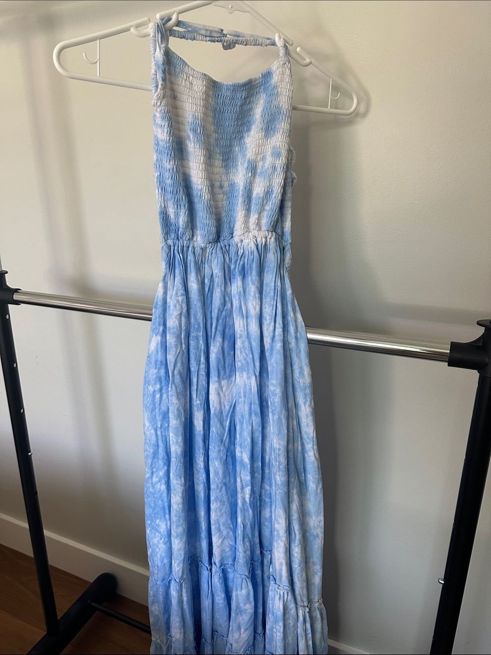 Tiare Hawaii Blue and White Tie-Dye Smocked Halter Maxi Dress